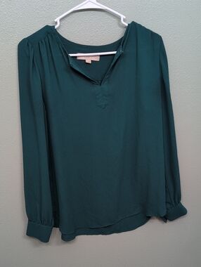 LOFT Teal Green Long-Sleeve Split-Neck Blouse